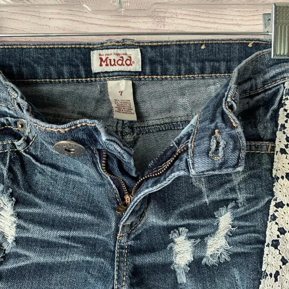 Mudd Juniors Distressed Jean Cutoff Shorts Crochet Lace Side Panels Y2K Size 7